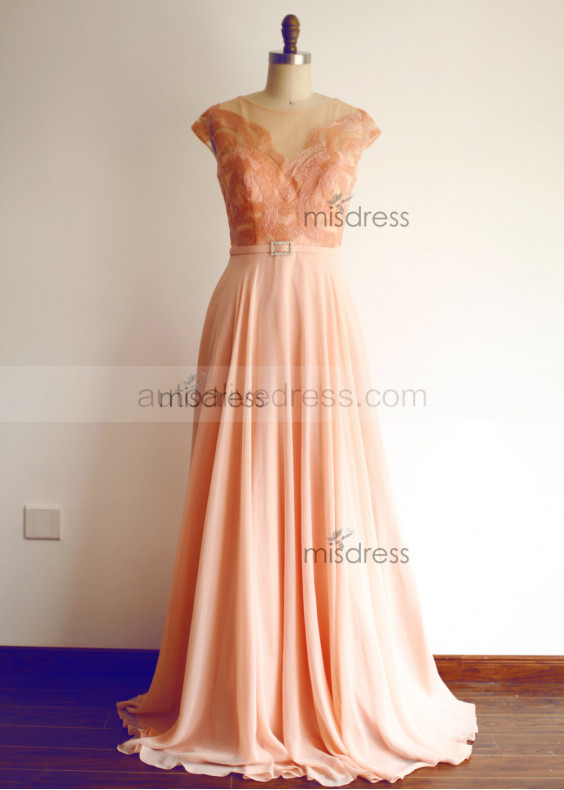 Coral Beaded Chiffon Long Prom Dress